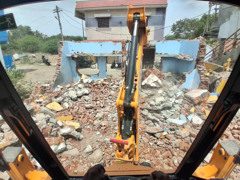 House demolition seen from the JCB cab in Coimbatore